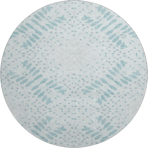 8' Teal And Ivory Floral Washable Round Rug With UV Protection