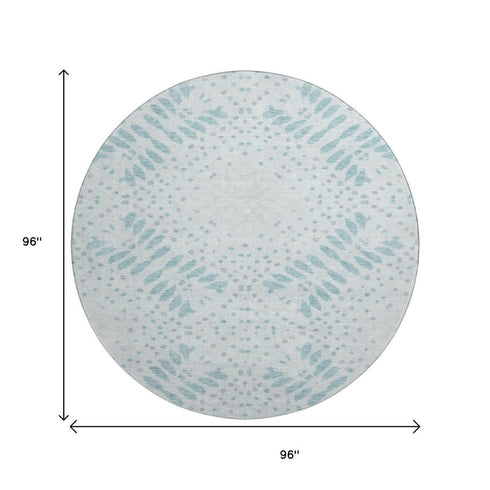 8' Teal And Ivory Floral Washable Round Rug With UV Protection