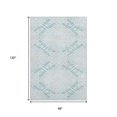 8' X 10' Teal And Ivory Floral Washable Area Rug With UV Protection