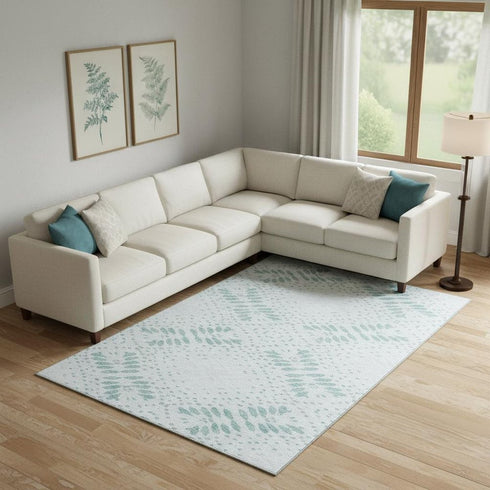 8' X 10' Teal And Ivory Floral Washable Area Rug With UV Protection