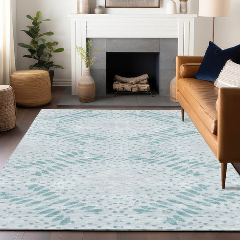 8' X 10' Teal And Ivory Floral Washable Area Rug With UV Protection