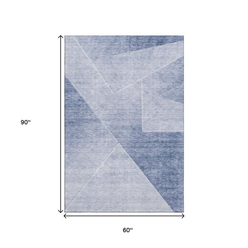 5' X 8' Blue And Ivory Geometric Washable Area Rug With UV Protection