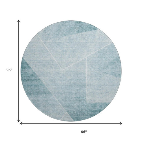 8' Teal And Ivory Geometric Washable Round Rug With UV Protection