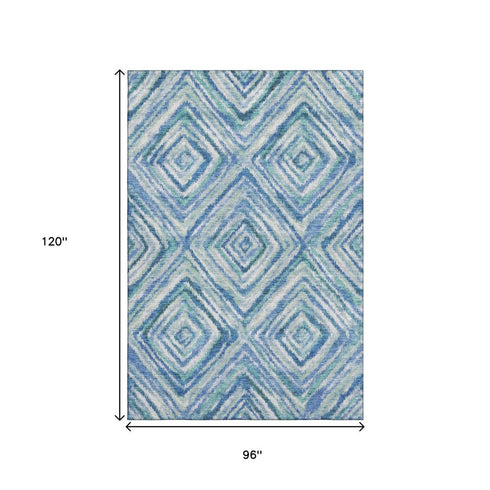 8' X 10' Blue Green And Ivory Geometric Washable Area Rug With UV Protection
