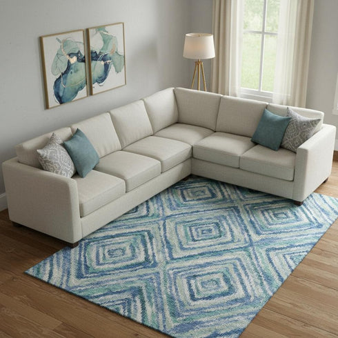 8' X 10' Blue Green And Ivory Geometric Washable Area Rug With UV Protection