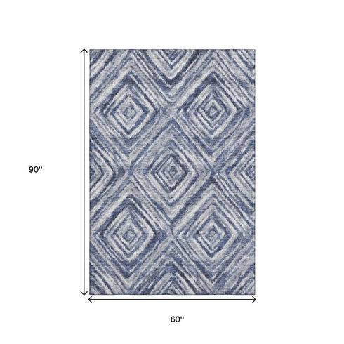 5' X 8' Blue Ivory And Gray Geometric Washable Area Rug With UV Protection