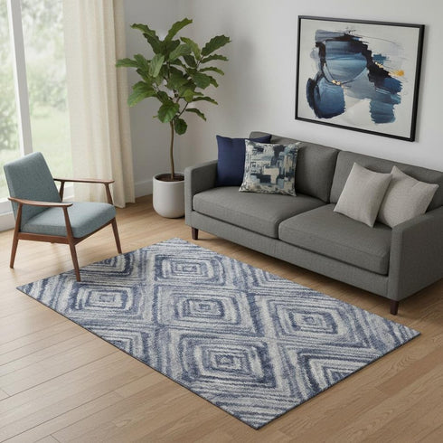 5' X 8' Blue Ivory And Gray Geometric Washable Area Rug With UV Protection