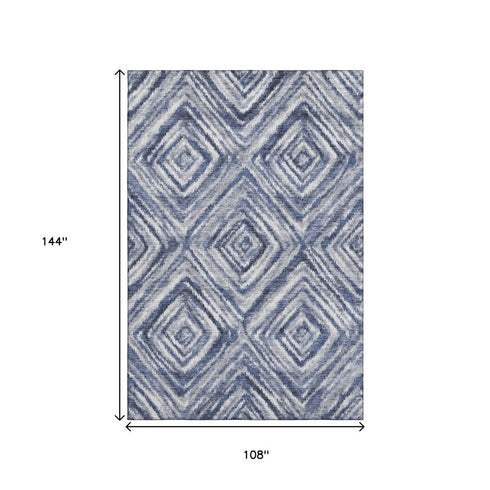 9' X 12' Blue Ivory And Gray Geometric Washable Area Rug With UV Protection