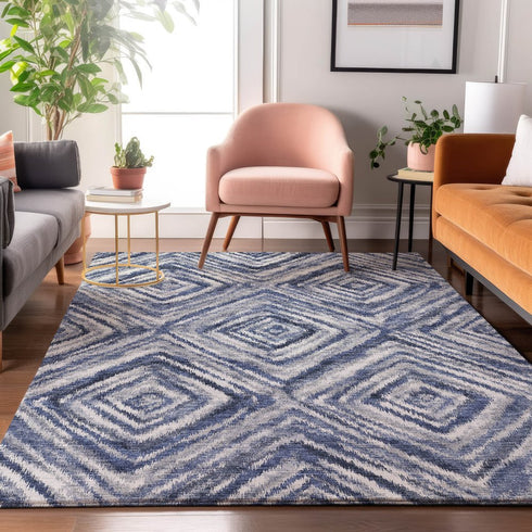 9' X 12' Blue Ivory And Gray Geometric Washable Area Rug With UV Protection