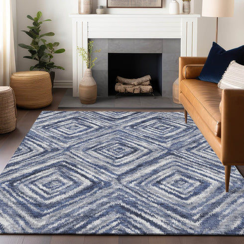 9' X 12' Blue Ivory And Gray Geometric Washable Area Rug With UV Protection