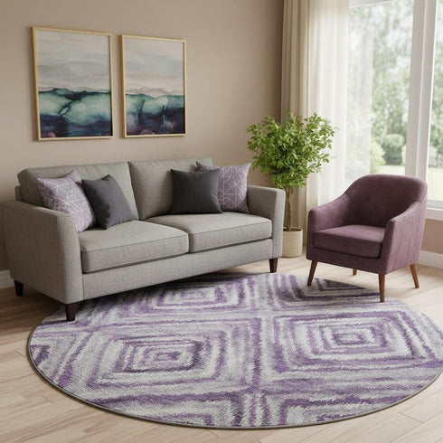 8' Purple Ivory And Gray Geometric Washable Round Rug With UV Protection