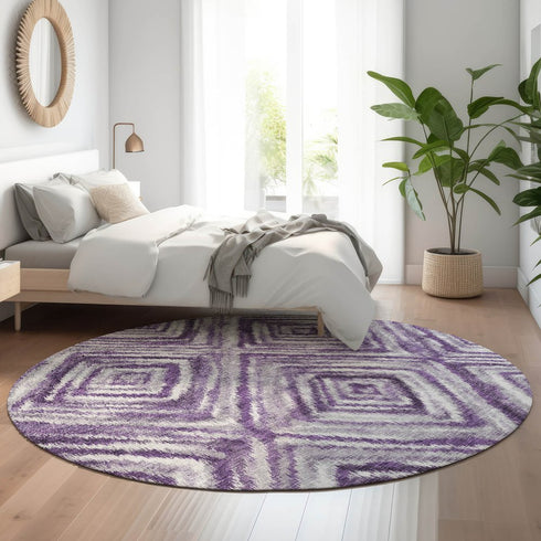 8' Purple Ivory And Gray Geometric Washable Round Rug With UV Protection