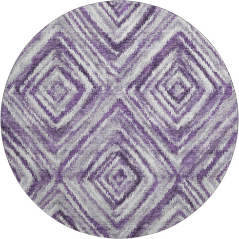 8' Purple Ivory And Gray Geometric Washable Round Rug With UV Protection
