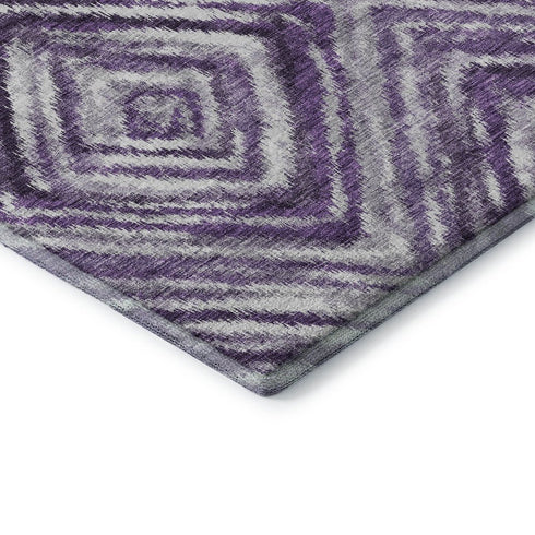 8' Purple Ivory And Gray Geometric Washable Round Rug With UV Protection