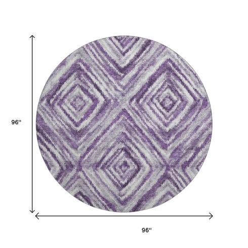 8' Purple Ivory And Gray Geometric Washable Round Rug With UV Protection