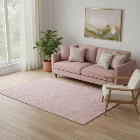 5' X 8' Pink And Ivory Floral Washable Area Rug With UV Protection