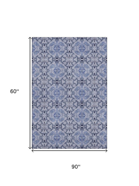 5' X 8' Blue Gray And Ivory Medallion Washable Area Rug With UV Protection