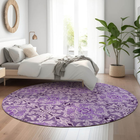 8' Purple And Ivory Medallion Washable Round Rug With UV Protection