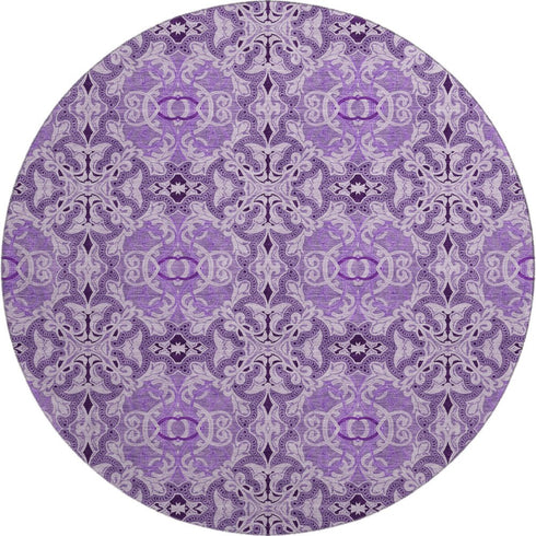 8' Purple And Ivory Medallion Washable Round Rug With UV Protection