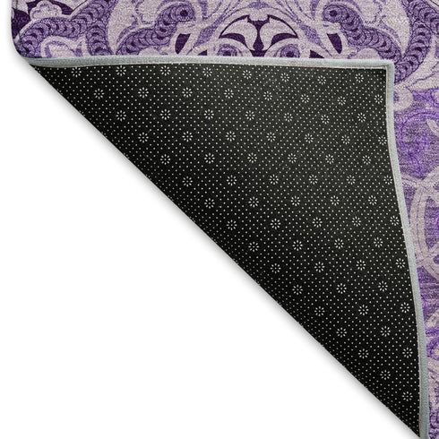 8' Purple And Ivory Medallion Washable Round Rug With UV Protection