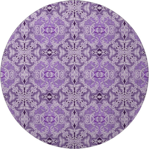 8' Purple And Ivory Medallion Washable Round Rug With UV Protection