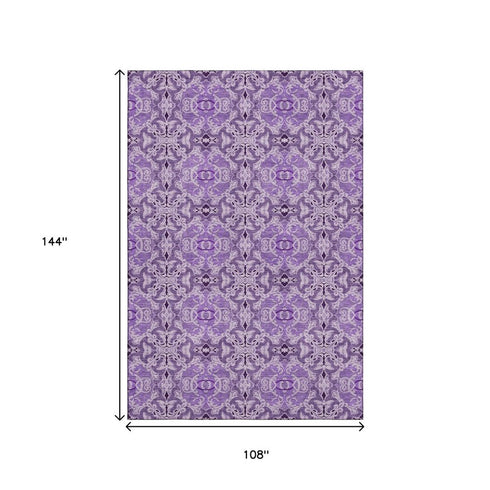 9' X 12' Purple And Ivory Medallion Washable Area Rug With UV Protection