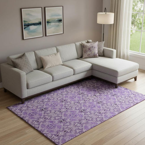 9' X 12' Purple And Ivory Medallion Washable Area Rug With UV Protection