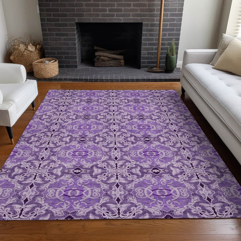 9' X 12' Purple And Ivory Medallion Washable Area Rug With UV Protection
