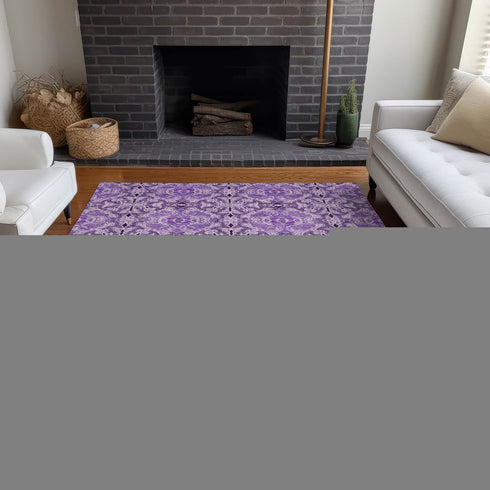 9' X 12' Purple And Ivory Medallion Washable Area Rug With UV Protection