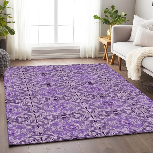9' X 12' Purple And Ivory Medallion Washable Area Rug With UV Protection