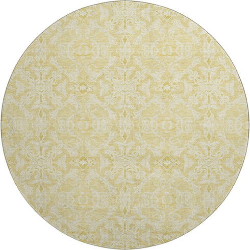 8' Gold And Ivory Medallion Washable Round Rug With UV Protection