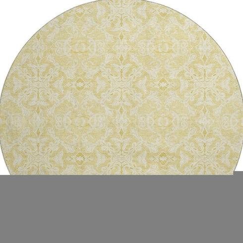 8' Gold And Ivory Medallion Washable Round Rug With UV Protection