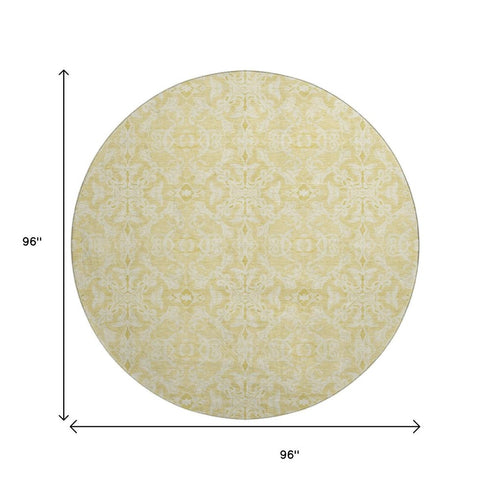 8' Gold And Ivory Medallion Washable Round Rug With UV Protection