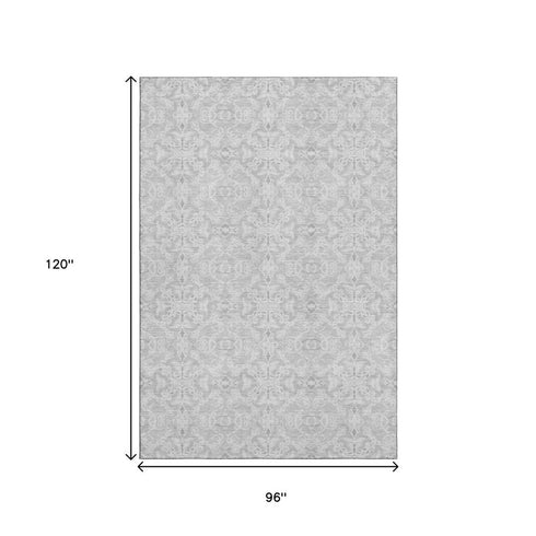 8' X 10' Silver And Gray Medallion Washable Area Rug With UV Protection