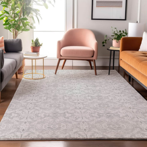 8' X 10' Silver And Gray Medallion Washable Area Rug With UV Protection