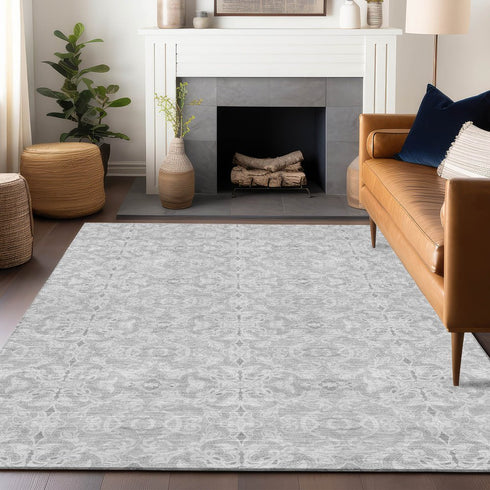 8' X 10' Silver And Gray Medallion Washable Area Rug With UV Protection
