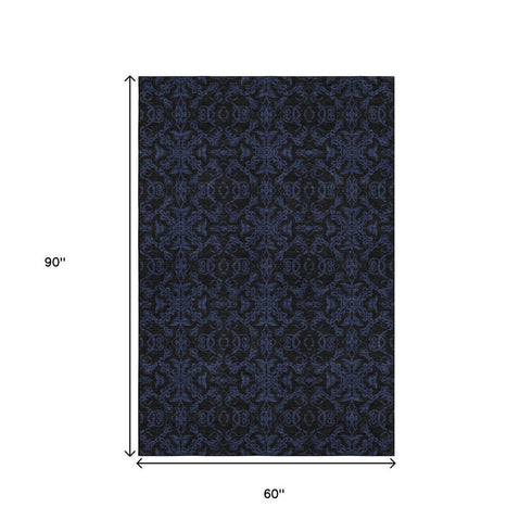 5' X 8' Blue And Charcoal Medallion Washable Area Rug With UV Protection