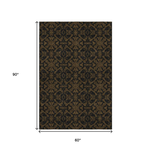 5' X 8' Brown And Charcoal Medallion Washable Area Rug With UV Protection