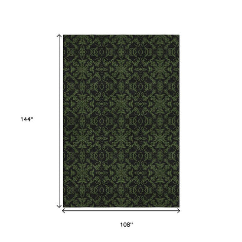 9' X 12' Olive Green And Charcoal Medallion Washable Area Rug With UV Protection