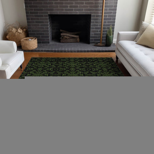 9' X 12' Olive Green And Charcoal Medallion Washable Area Rug With UV Protection