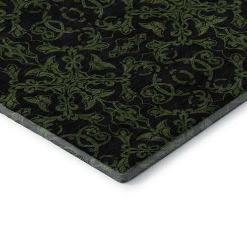 9' X 12' Olive Green And Charcoal Medallion Washable Area Rug With UV Protection