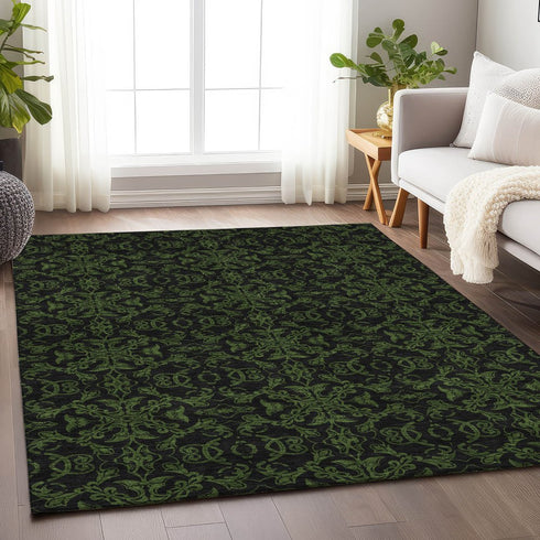 9' X 12' Olive Green And Charcoal Medallion Washable Area Rug With UV Protection