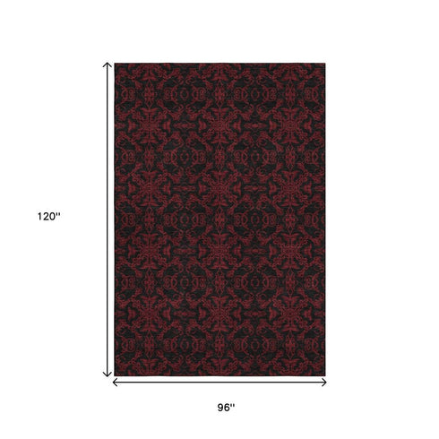 8' X 10' Red And Black Medallion Washable Area Rug With UV Protection