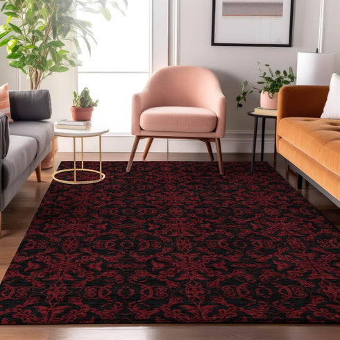 8' X 10' Red And Black Medallion Washable Area Rug With UV Protection