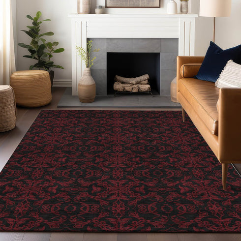8' X 10' Red And Black Medallion Washable Area Rug With UV Protection