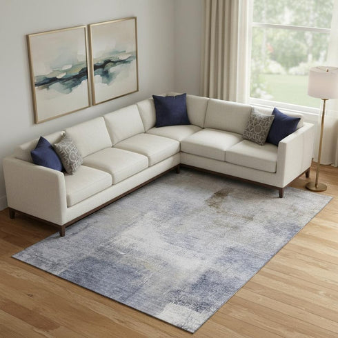 9' X 12' Blue Ivory And Beige Abstract Washable Area Rug With UV Protection