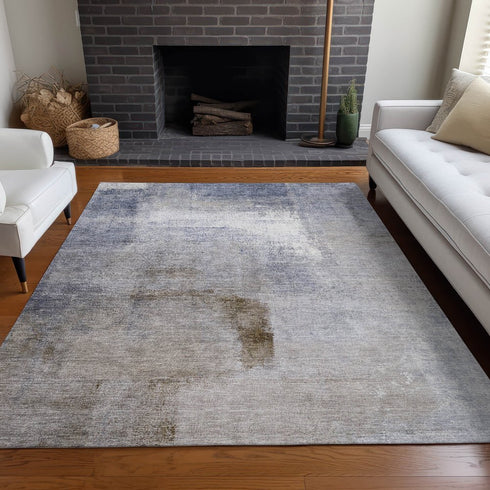 9' X 12' Blue Ivory And Beige Abstract Washable Area Rug With UV Protection