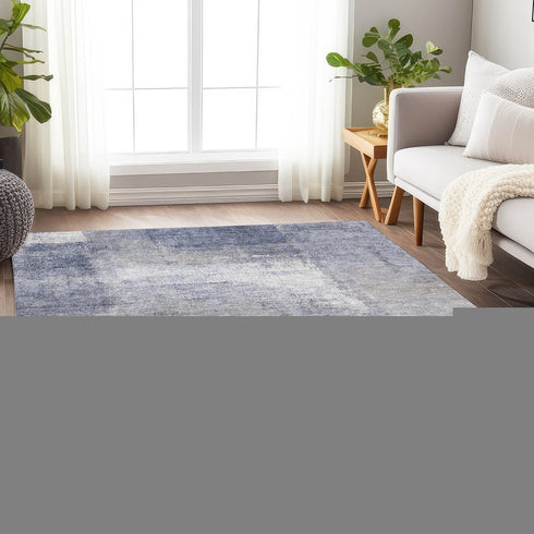 9' X 12' Blue Ivory And Beige Abstract Washable Area Rug With UV Protection
