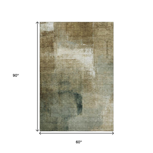 5' X 8' Brown Beige And Ivory Abstract Washable Area Rug With UV Protection