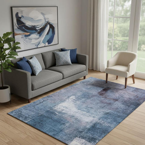 5' X 8' Navy Blue And Ivory Abstract Washable Area Rug With UV Protection